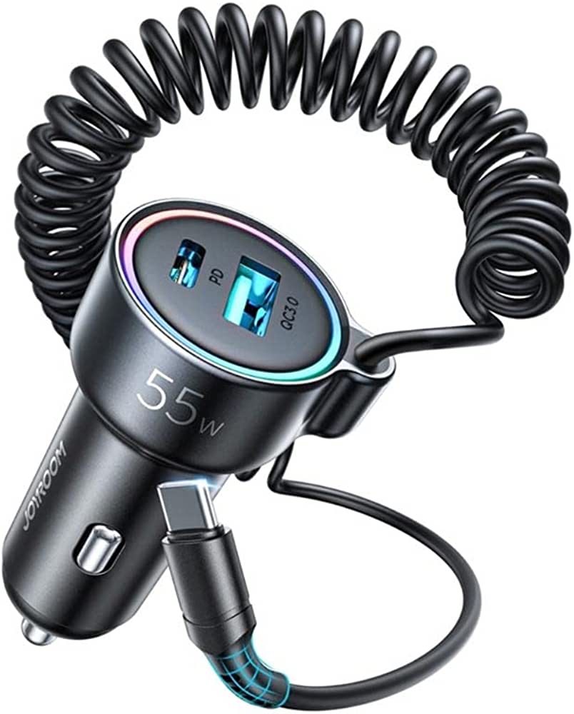Black 3-in-1 car charger with Type-C port, 55W ring display, coiled cable leads