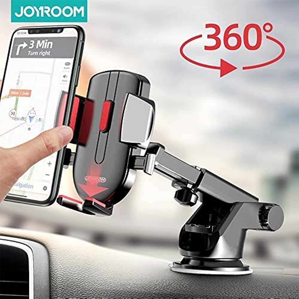 Car phone holder with clip arms and rotating mount, dark gray body with red accent