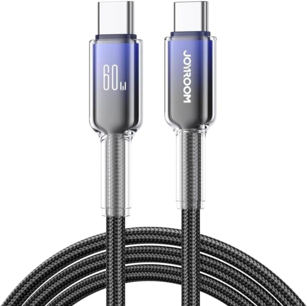 S-A42 crystal-clear fast charging data cable, black braided, USB-C pair with 60W marking.