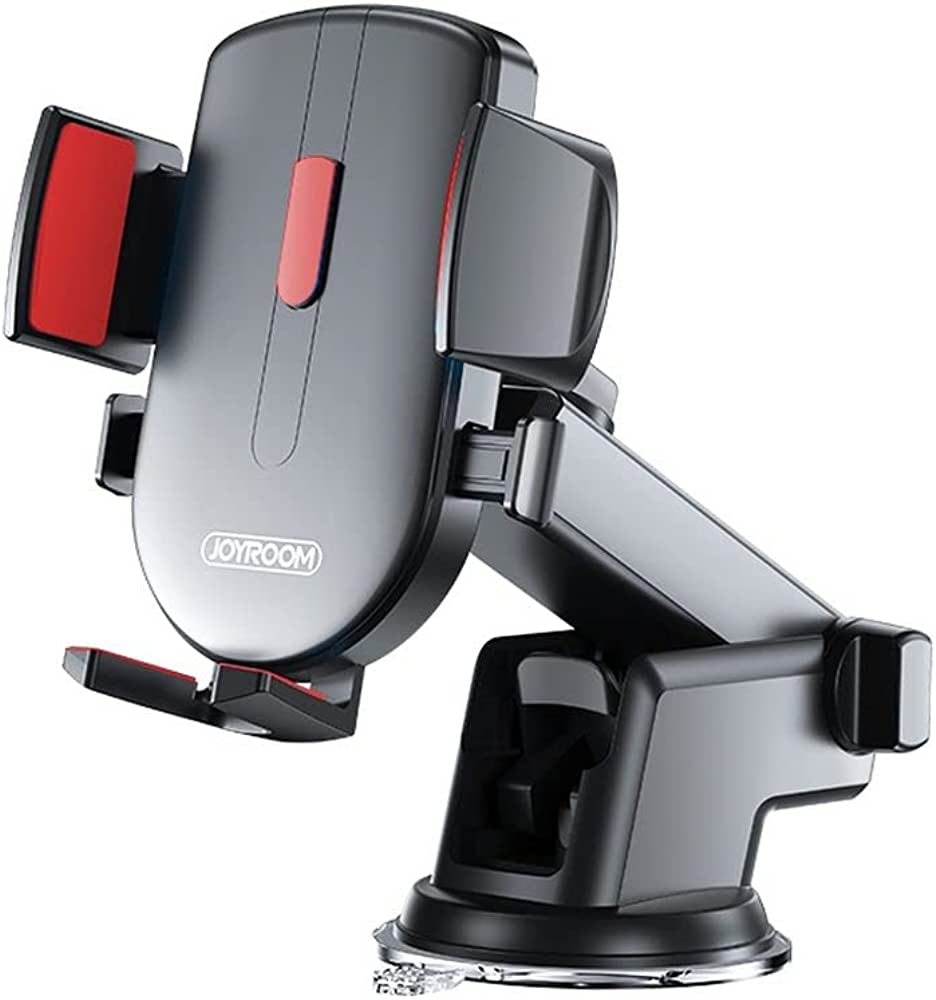 Car phone holder with four arms and rotating base, dark gray body with red accent pads