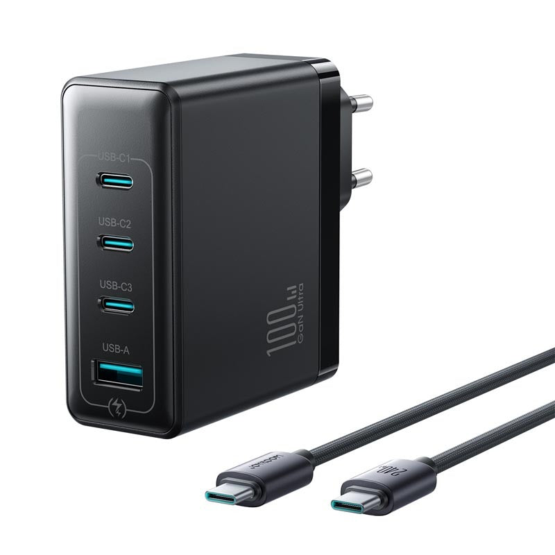 Black 4-port GaN fast charger with 2 m USB-C cable and USB-A port