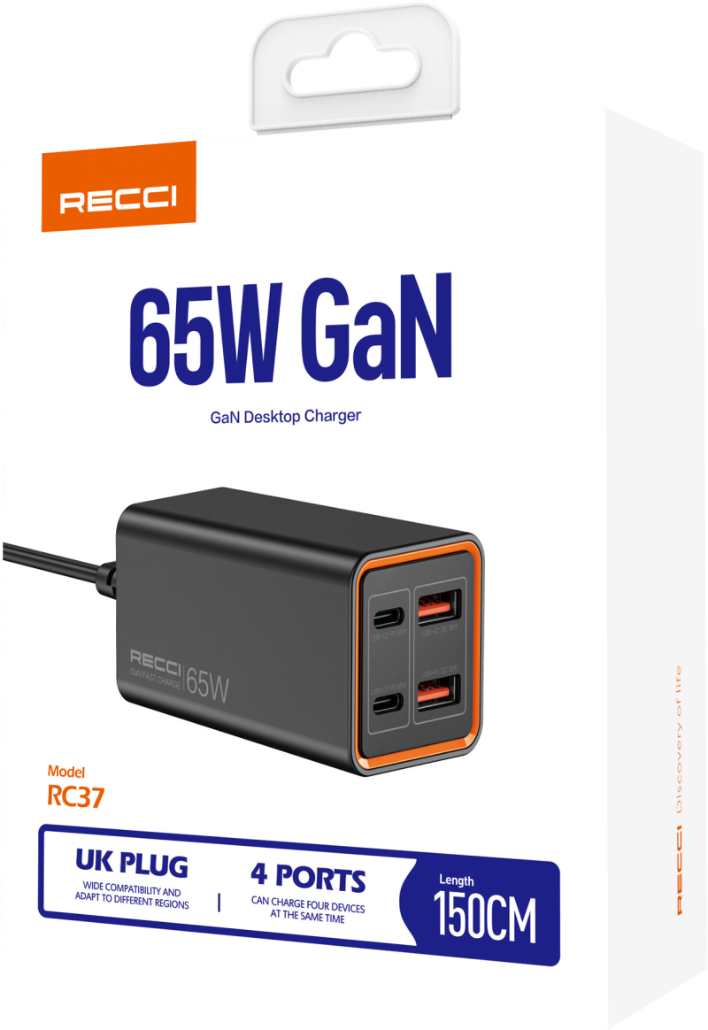 RC37 65W Multi-Port Fast Charger | Dual Type-C + Dual USB-A - شاحن RC37 سريع بقدرة 65W مع 4 منافذ (Type-C ×2 + USB-A ×2)