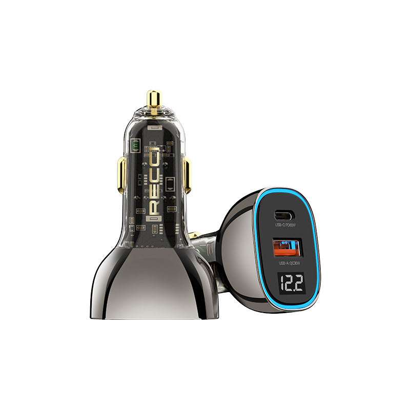 Dual-port car charger with transparent body and blue-lit LED display