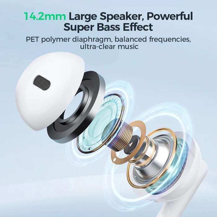 White half in-ear earbud showing large speaker driver for bass sound effect