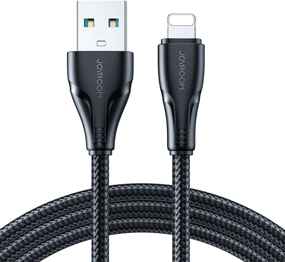 Black braided data cable with USB-A and rectangular Type-C connector ends