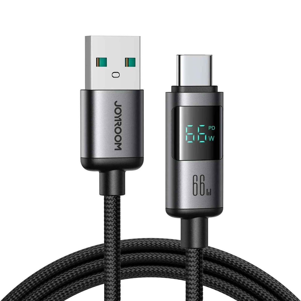 Joyroom USB-A to Type-C charging cable with digital display, 66W, black braided
