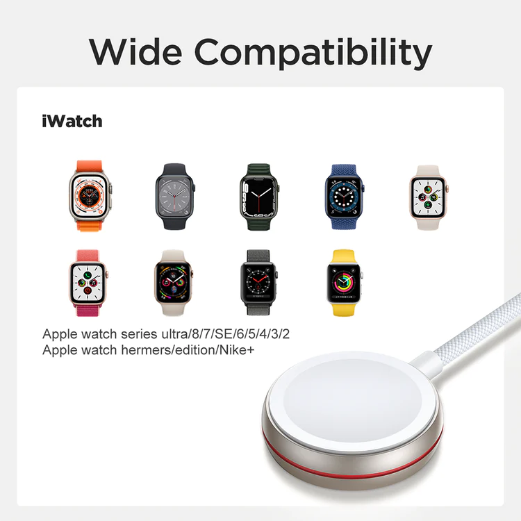 White magnetic charging puck with braided cable, wide compatibility layout
