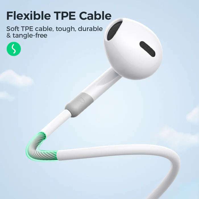 White flexible TPE earphone cable with half in-ear earbuds and looped strain relief