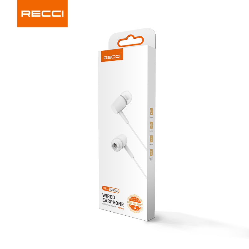 RECCI wired earphone retail box with in-ear earphone illustration