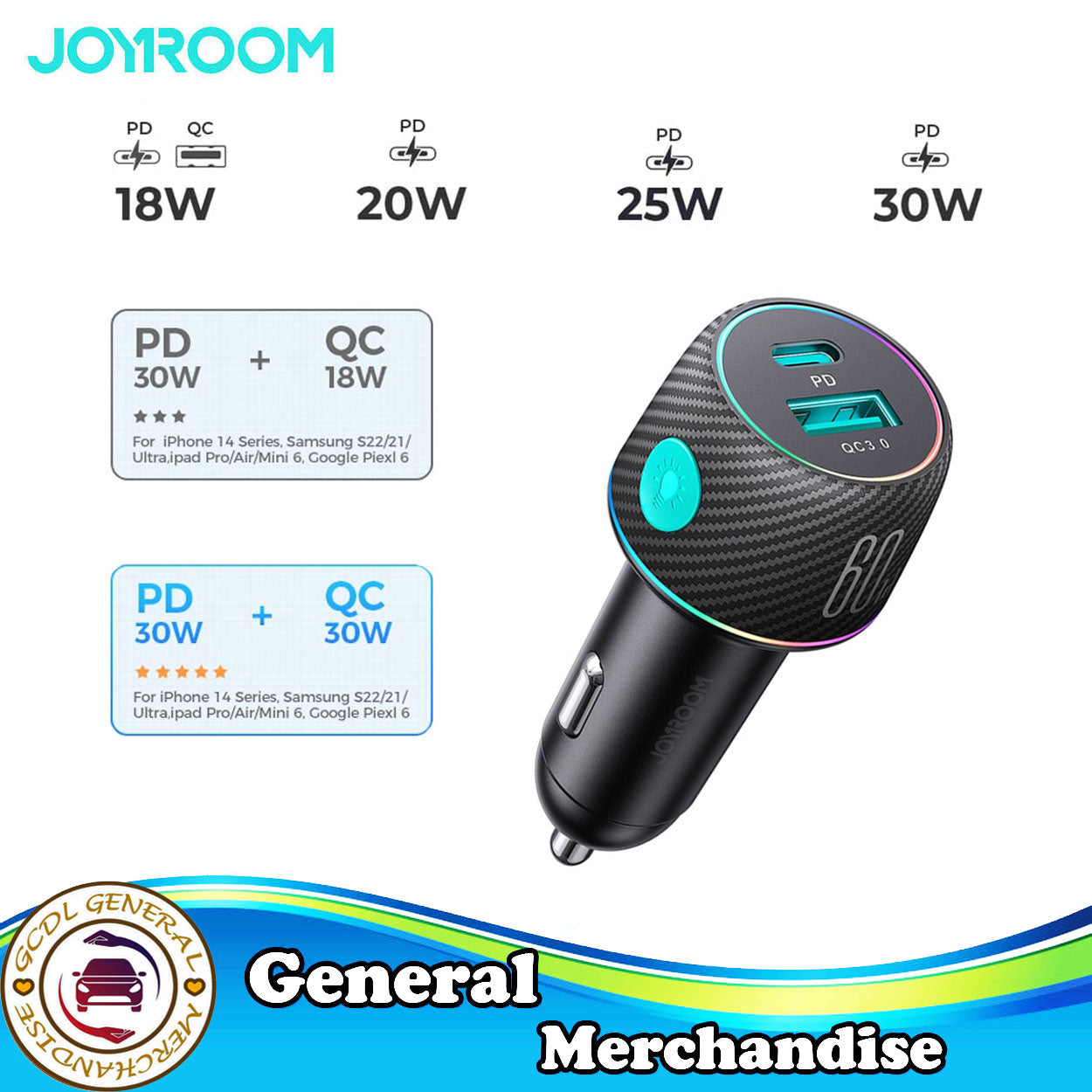 JOYROOM JR-CCN01 60W USB+USB-C / Type-C Multi-color Car Charger with Light Button(Black)