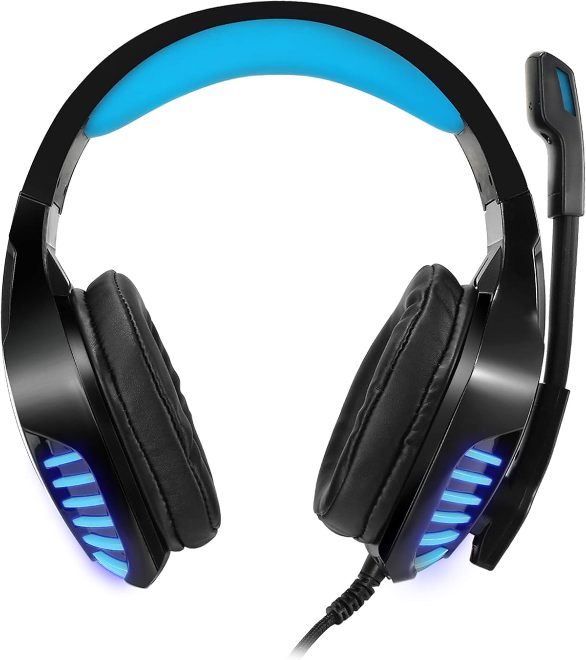 Gaming earphones with black cushioned cups, blue headband, and blue LED lighting