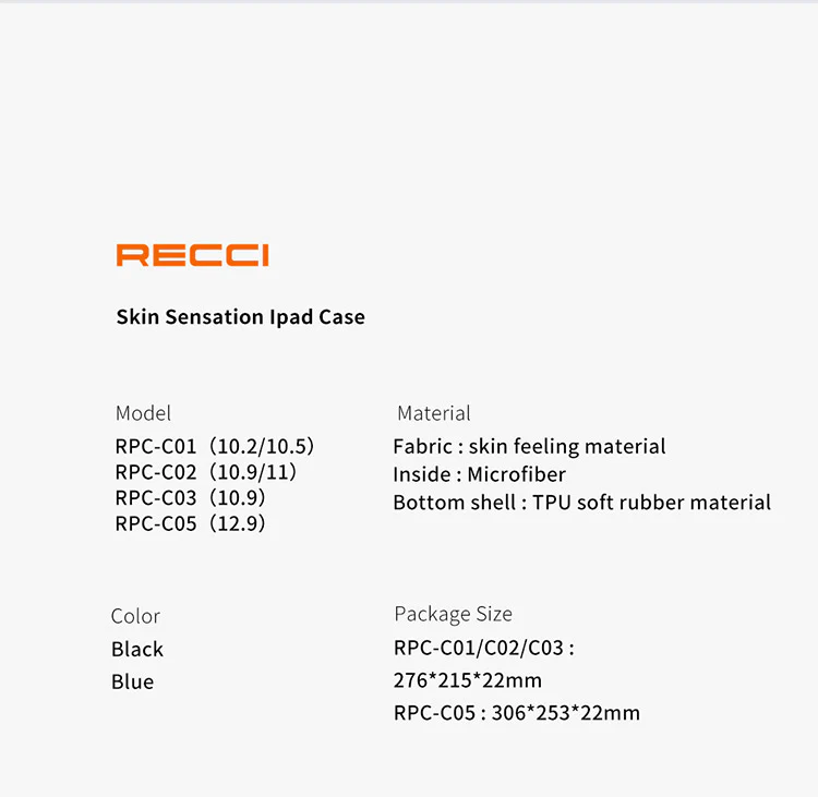 Recci iPad case product info, showing model RPC-C05 and color options