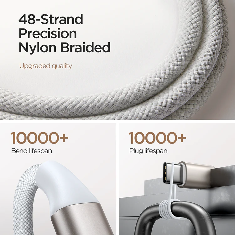 White braided nylon cable, 48-strand cord texture detail for iWatch charger