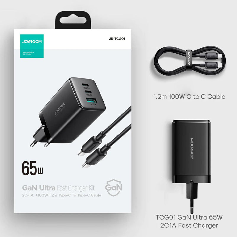 JR-TCG01 GaN Ultra 65W 2C1A Fast Charger+100W C to C Cable 1.2m-UK/EU شاحن جوي روم سريع