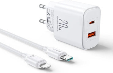 Joyroom JR-TCF05EU 20 W USB-C / USB-A Schnelles Dual-Port-Wandladegerät – With+ USB-C – Lightning 1 m  شاحن جوي روم سريع