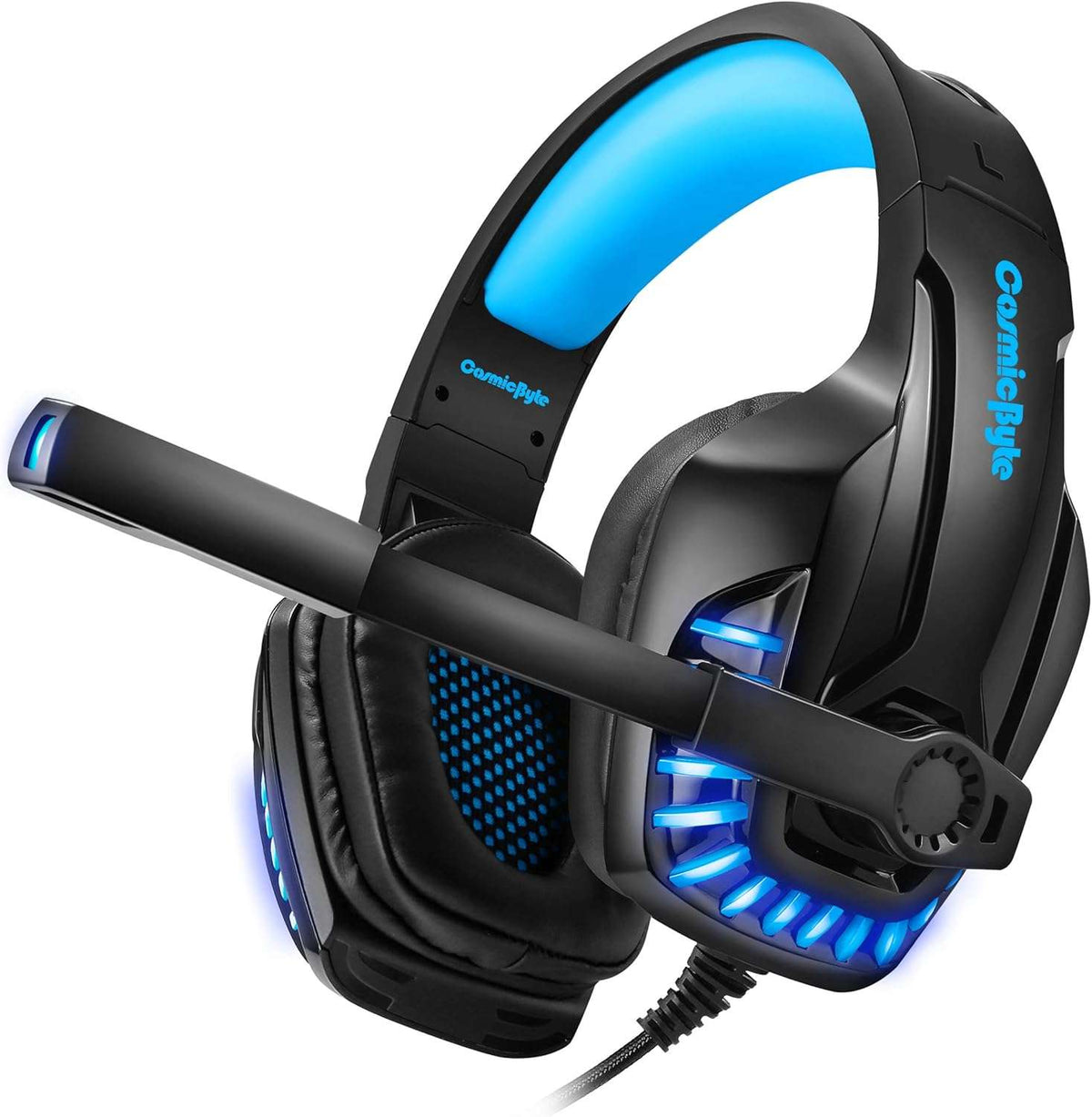 Gaming headset with black ear cushions, blue LED accents on ear rings, and wired mic