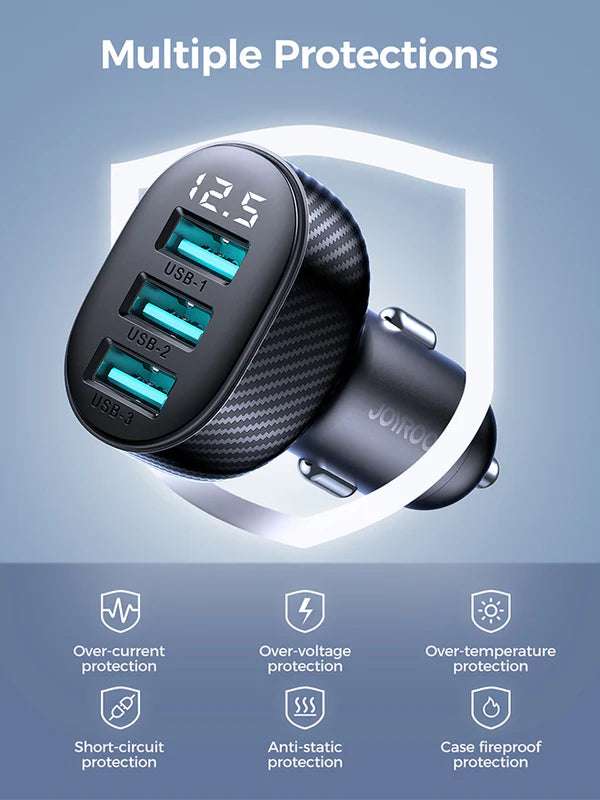 JR-CCD03 3USB Car Charger with Digital Display | Black - شاحن سيارة JR-CCD03 ثلاثي المنافذ USB مع شاشة عرض رقمية | أسود