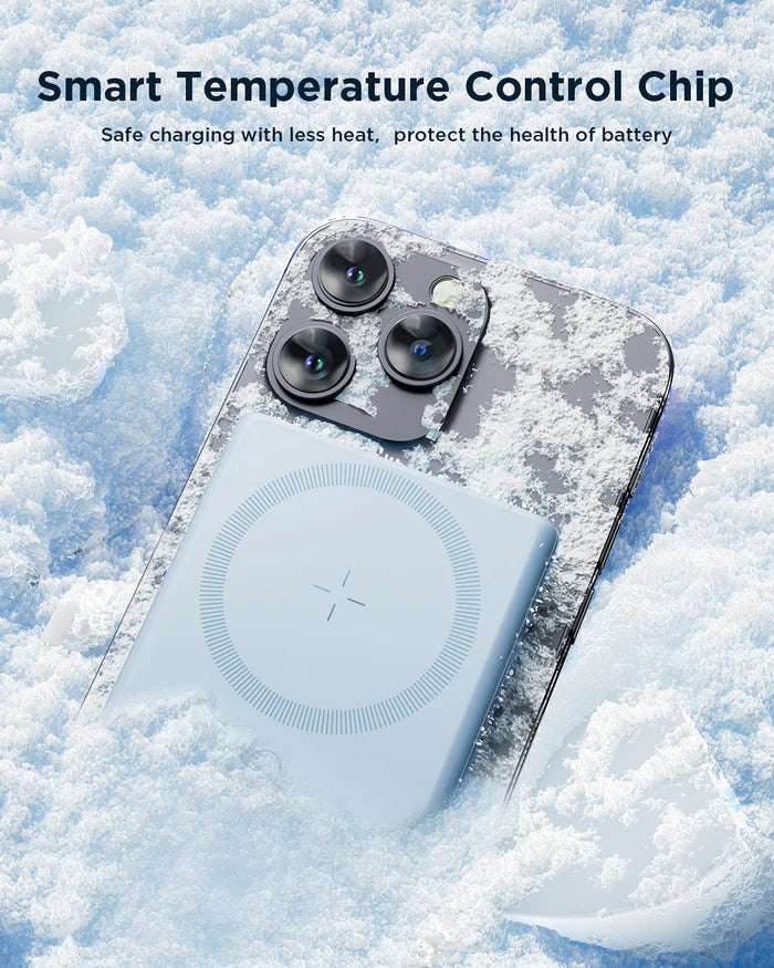 Blue power bank with circular wireless charging area and visible triple-camera-style top