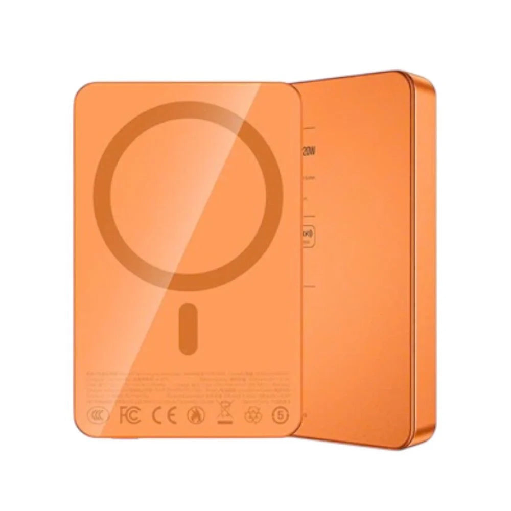 Orange magnetic wireless power bank with circular charging pad and status/label area