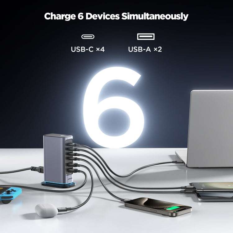 Multi-port charger with six cables and glowing indicator; USB-C x4 and USB-A x2