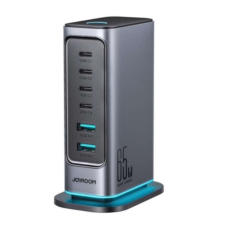 Dark gray 6-in-1 multi-port charger base with 4 USB-C and 2 USB-A ports