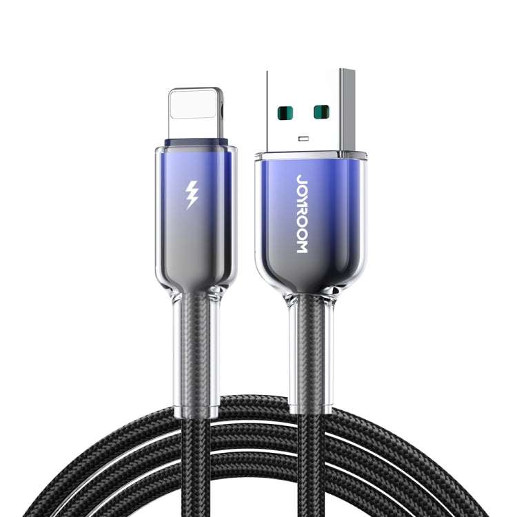 USB-A to Lightning charging cable with blue-silver connectors and braided black cord