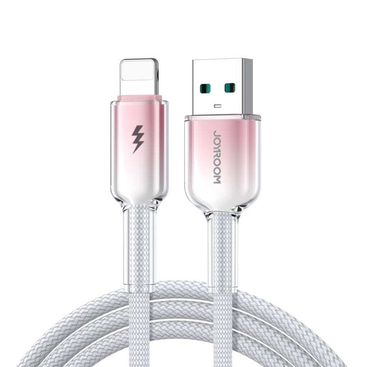 USB-A to Lightning charging cable with rose-silver connectors and braided white cord