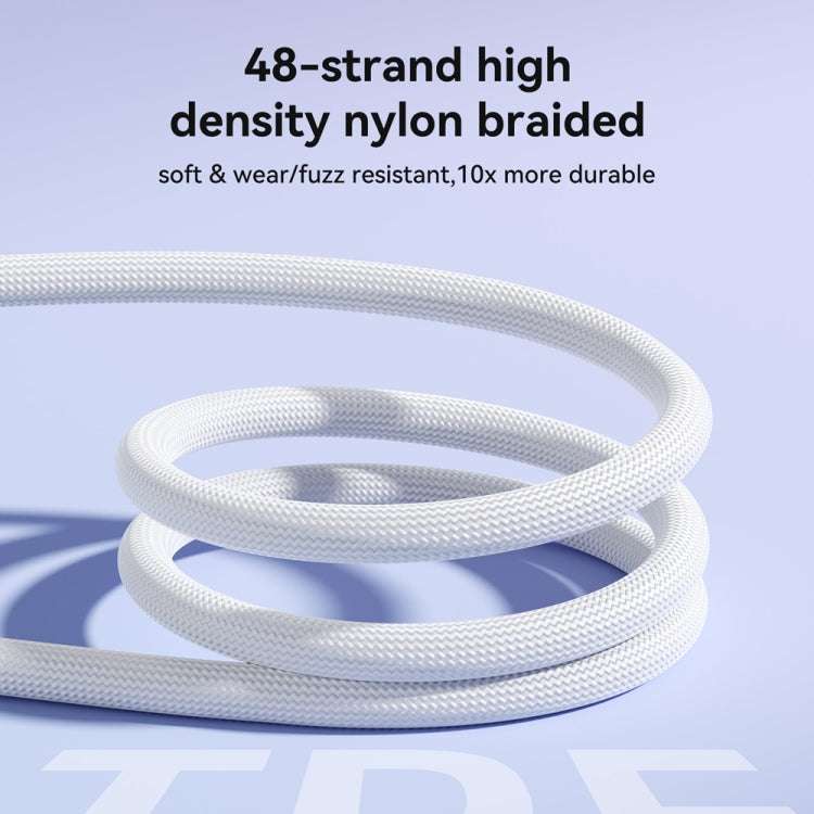 White nylon braided USB cable with looped cord and woven texture