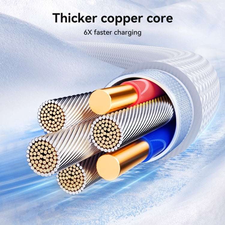 USB cable showing bundled copper-core strands under clear insulation, braided cord