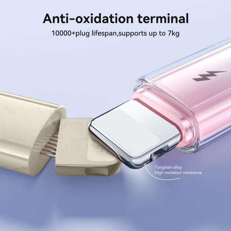 Lightning connector plug on rose-silver USB cable with braided cord