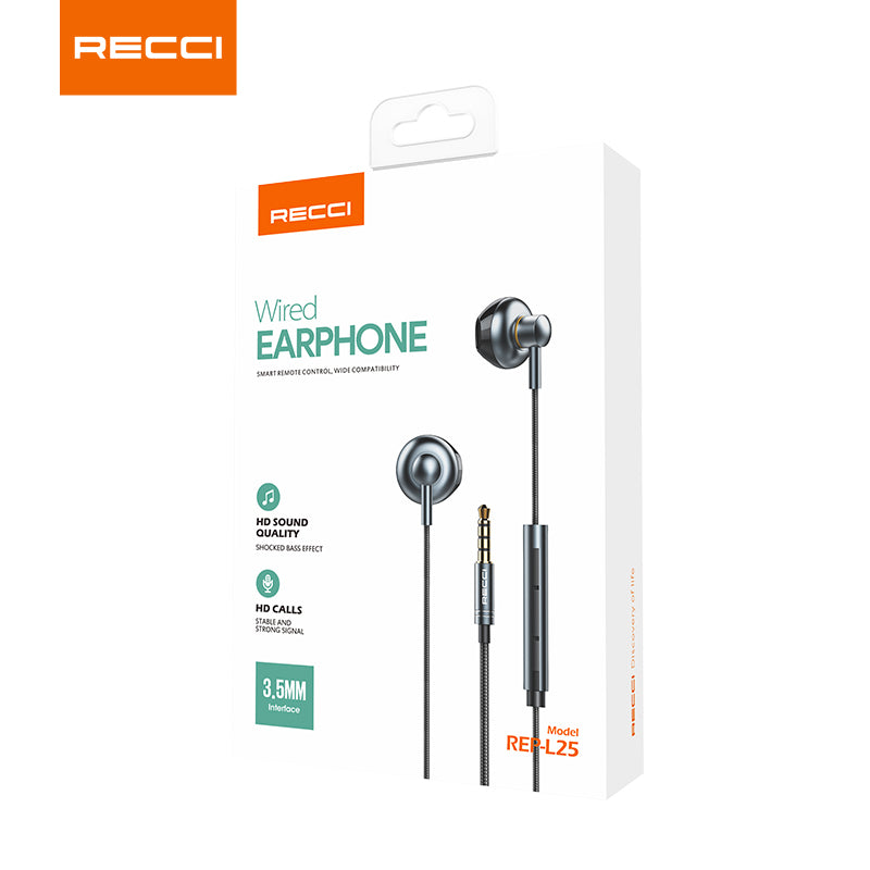 Recci REP-L25 high quality metal material 3.5mm In-ear wired earphones