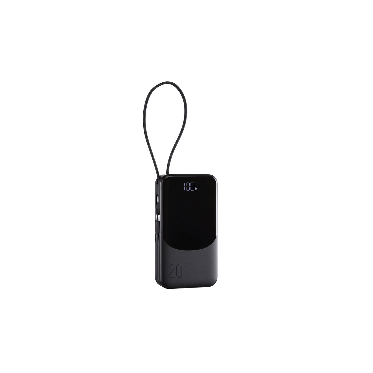 Black power bank with built-in cables and LED display