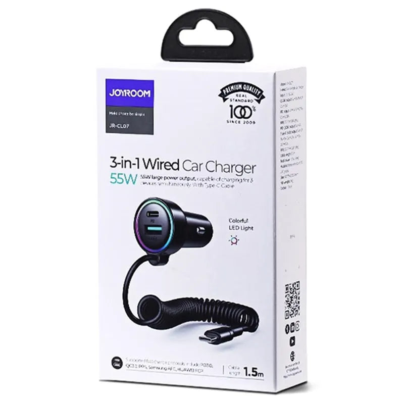 3-in-1 wired car charger 55W box with LED light and bundled cable