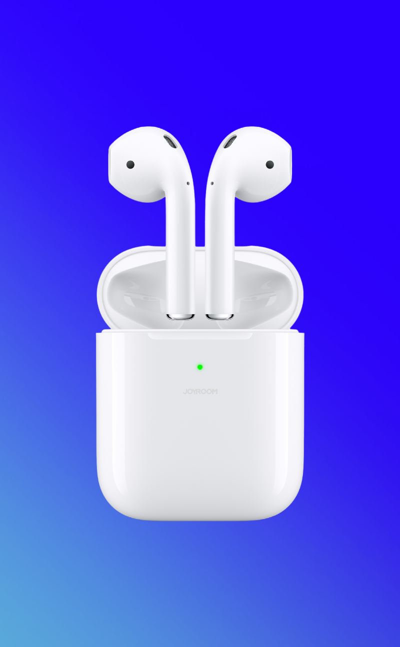 White true wireless earbuds standing in charging case, front view