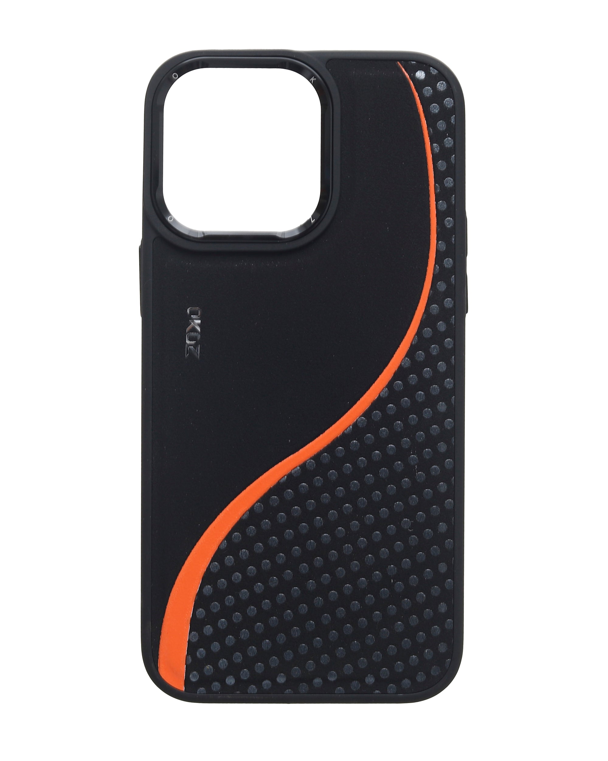 Phone case with textured grip dots and orange curved accent, raised camera/flash opening