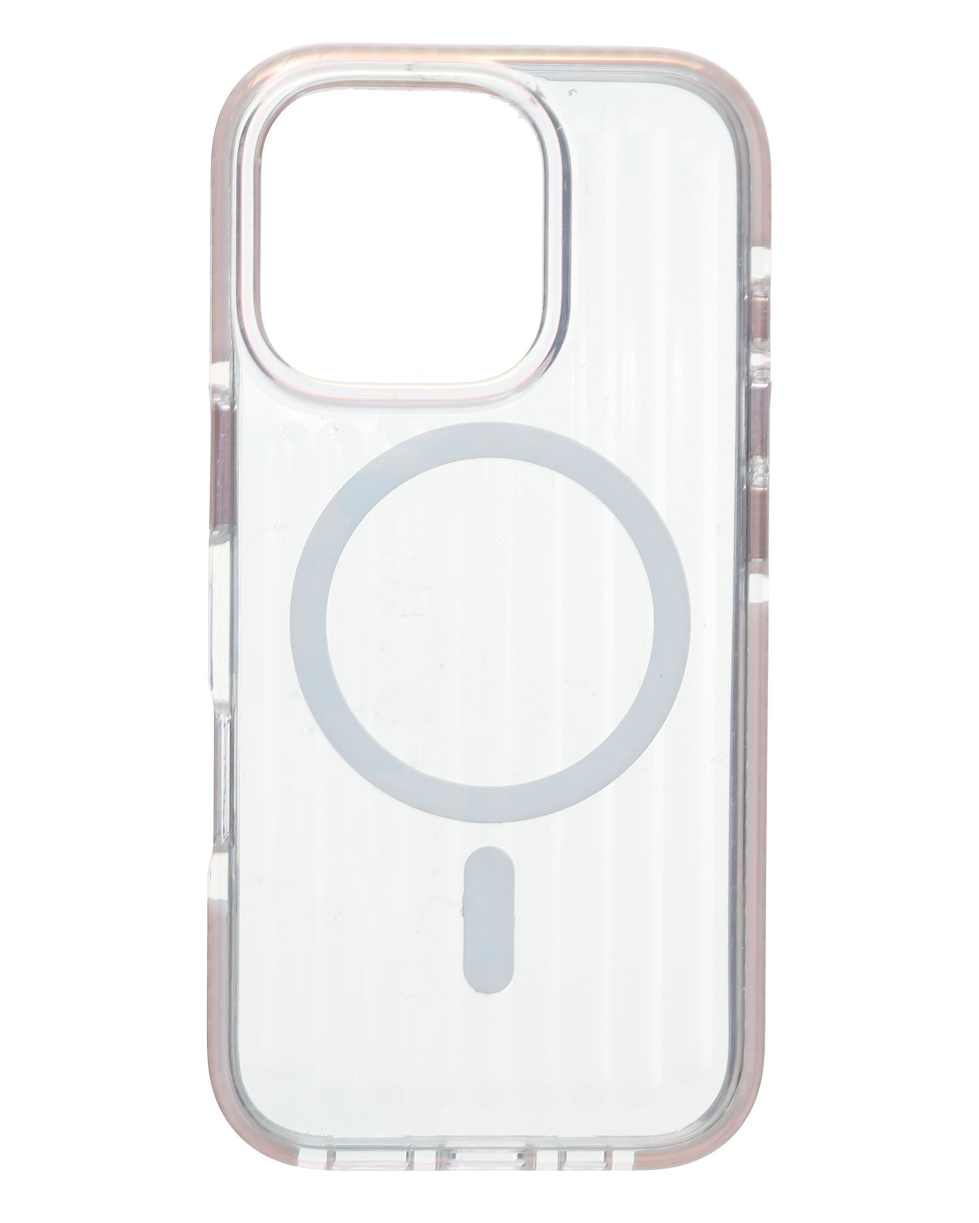 MagSafe bumper iPhone case, clear with light pink/rose border and circular grip ring