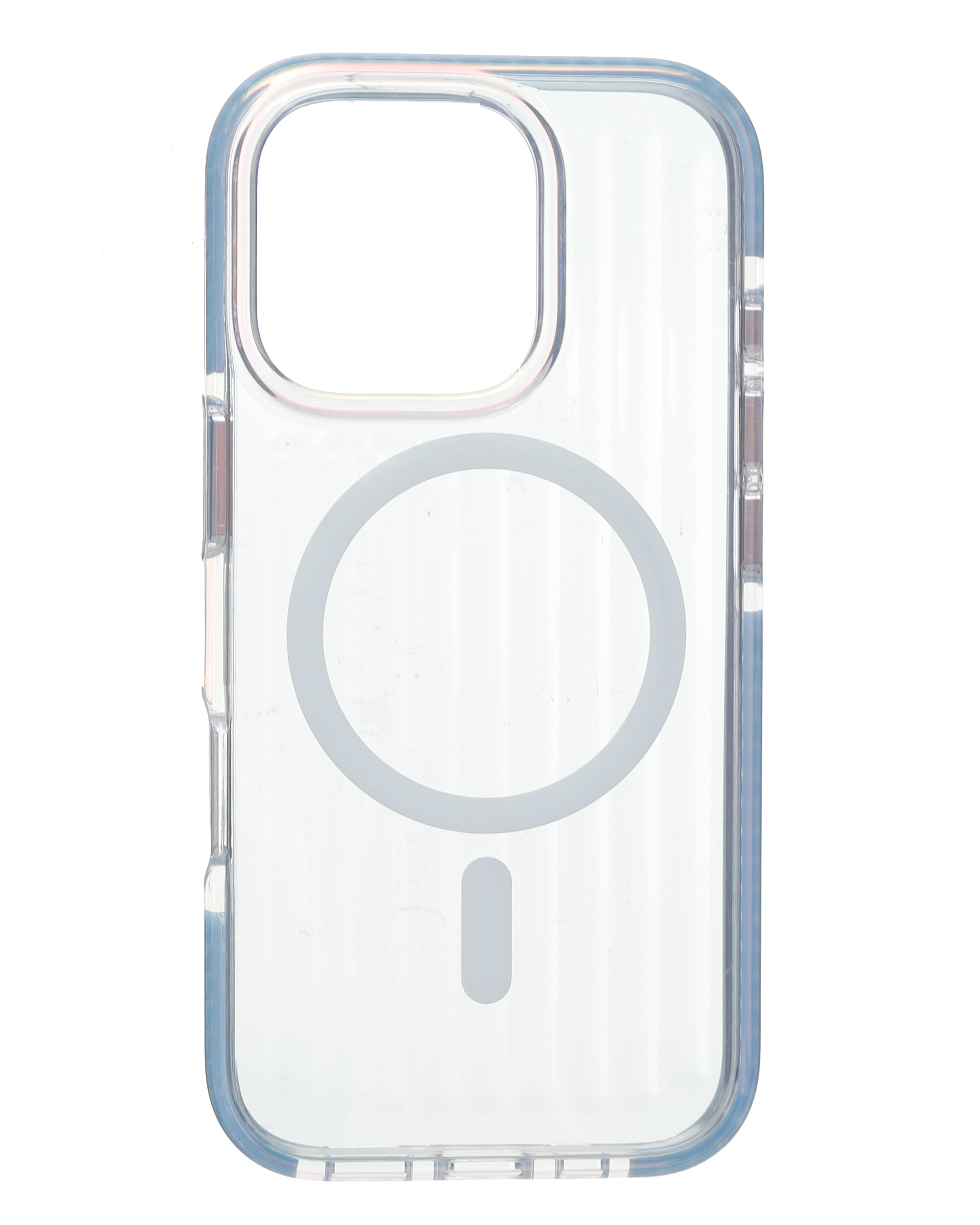 MagSafe bumper iPhone case, clear with light blue edges and centered circular ring