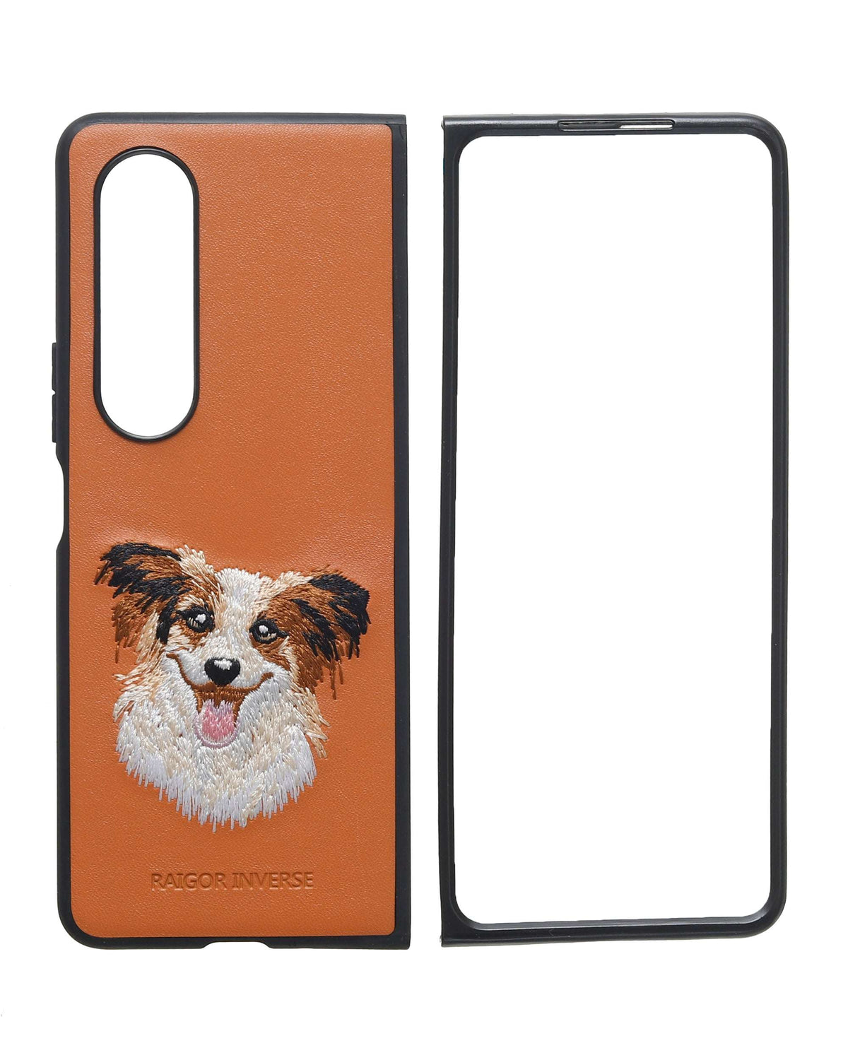 Orange phone case for Fold 4 with embroidered dog face design