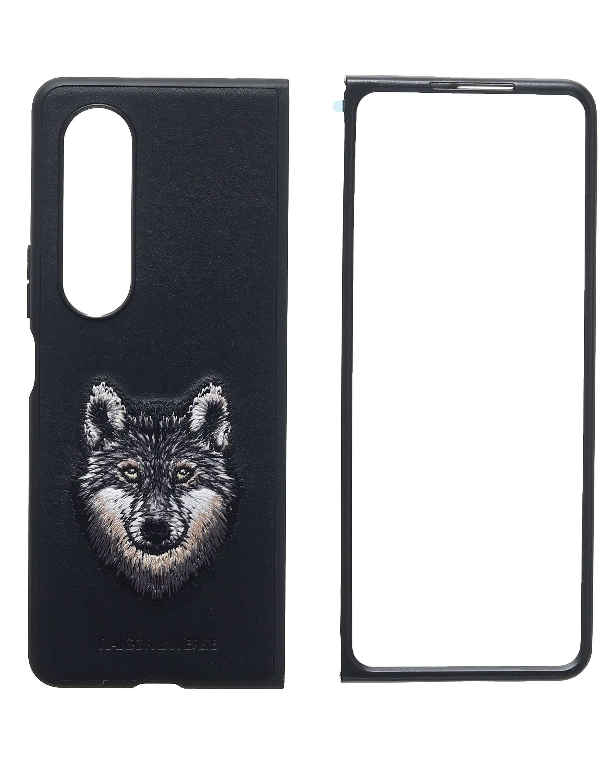 Black phone case for Fold 4 with embroidered wolf-style animal face