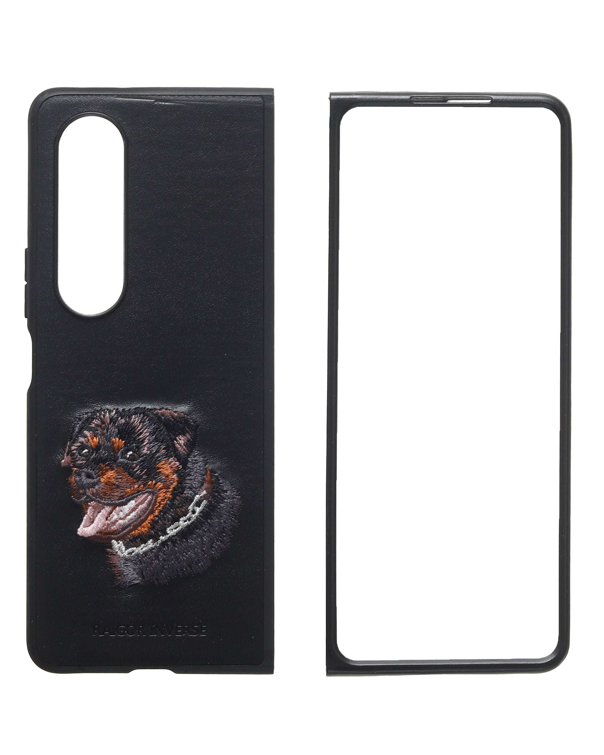 Black phone case for Fold 4 with embroidered animal face with orange detail