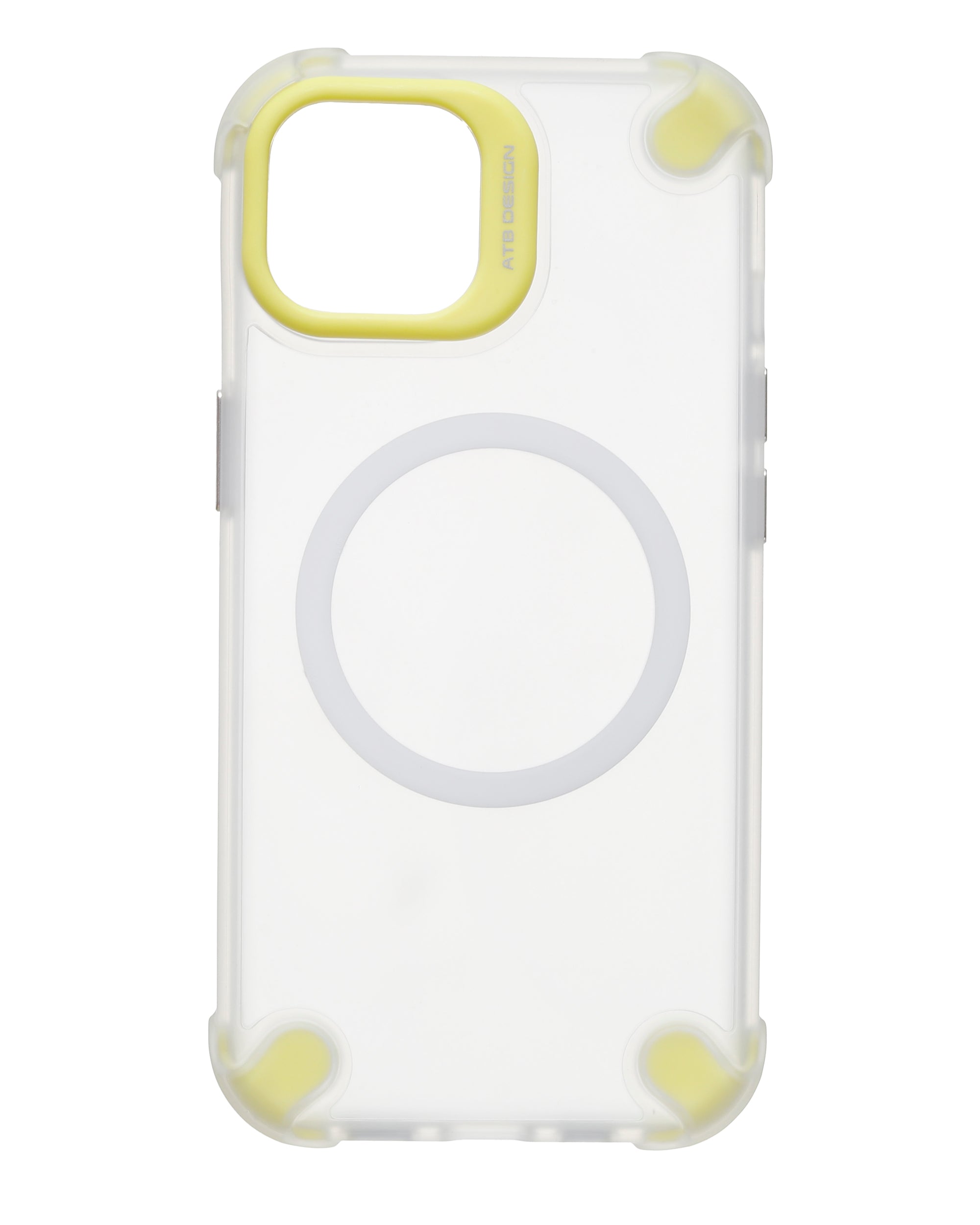 Clear phone case with circular grip area, yellow corner bumpers, and raised camera cutout