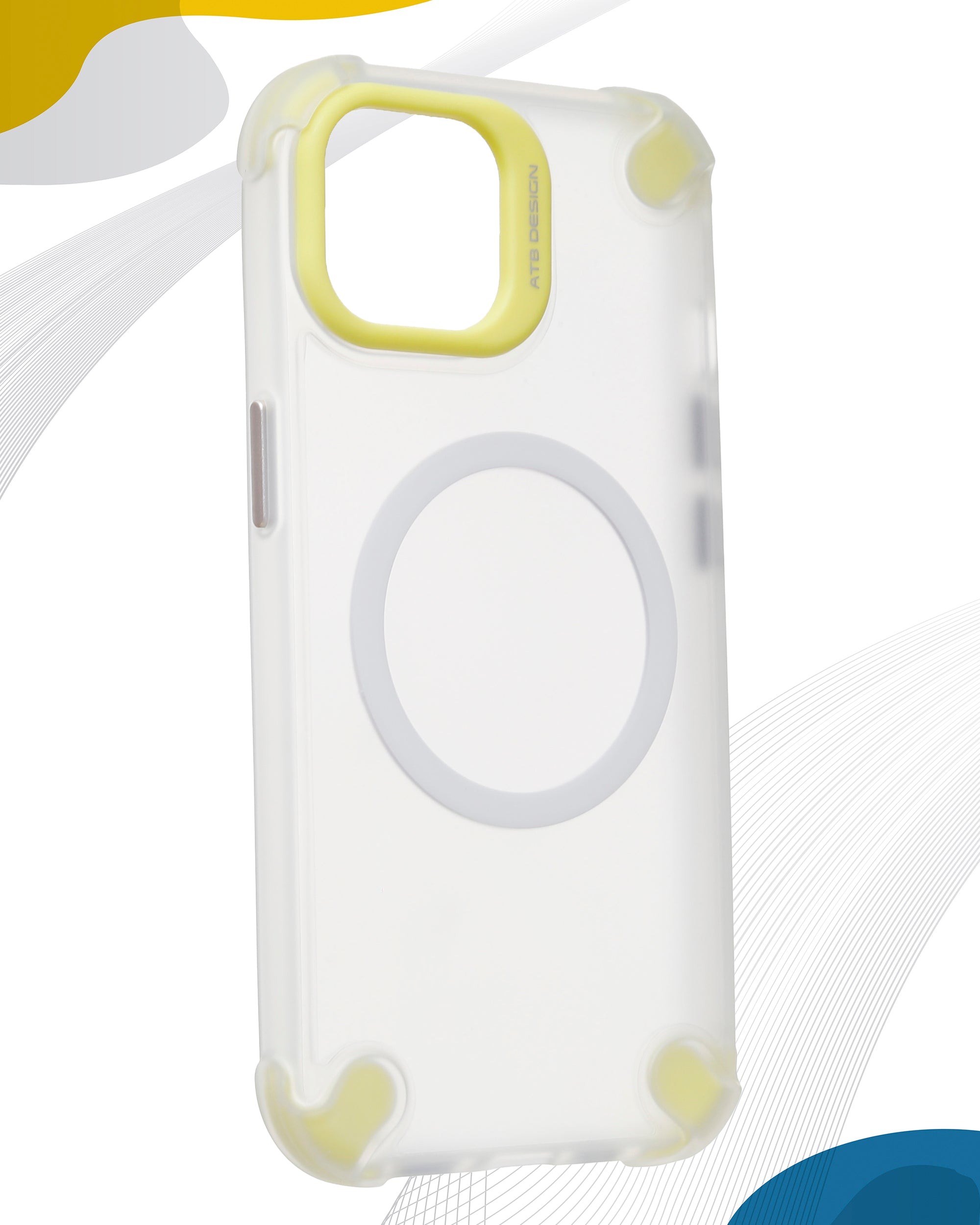 White clear phone case with large circular grip, yellow bumper corners, and port opening