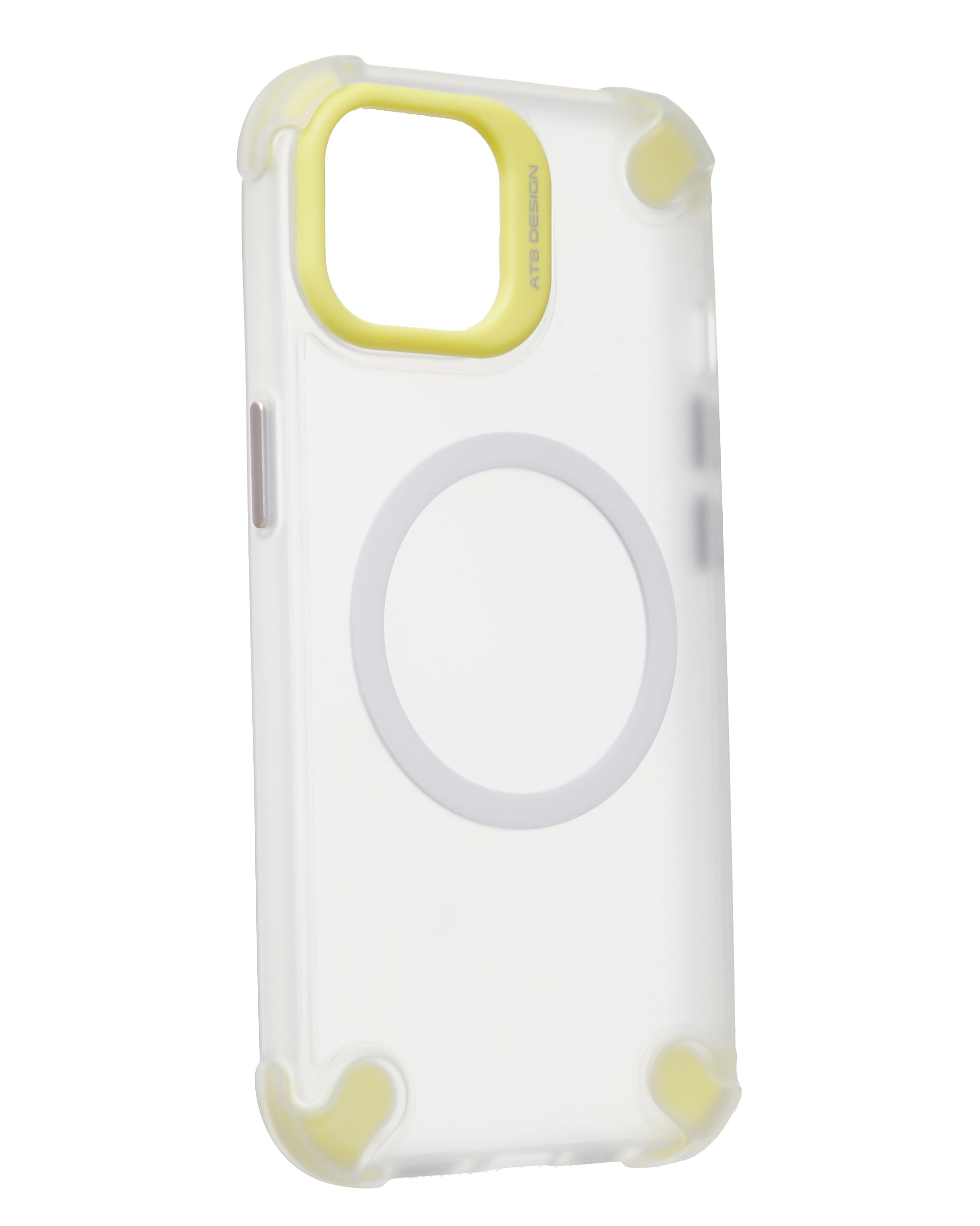 Clear phone case with circular grip, yellow-edged square camera opening, and corner bumpers