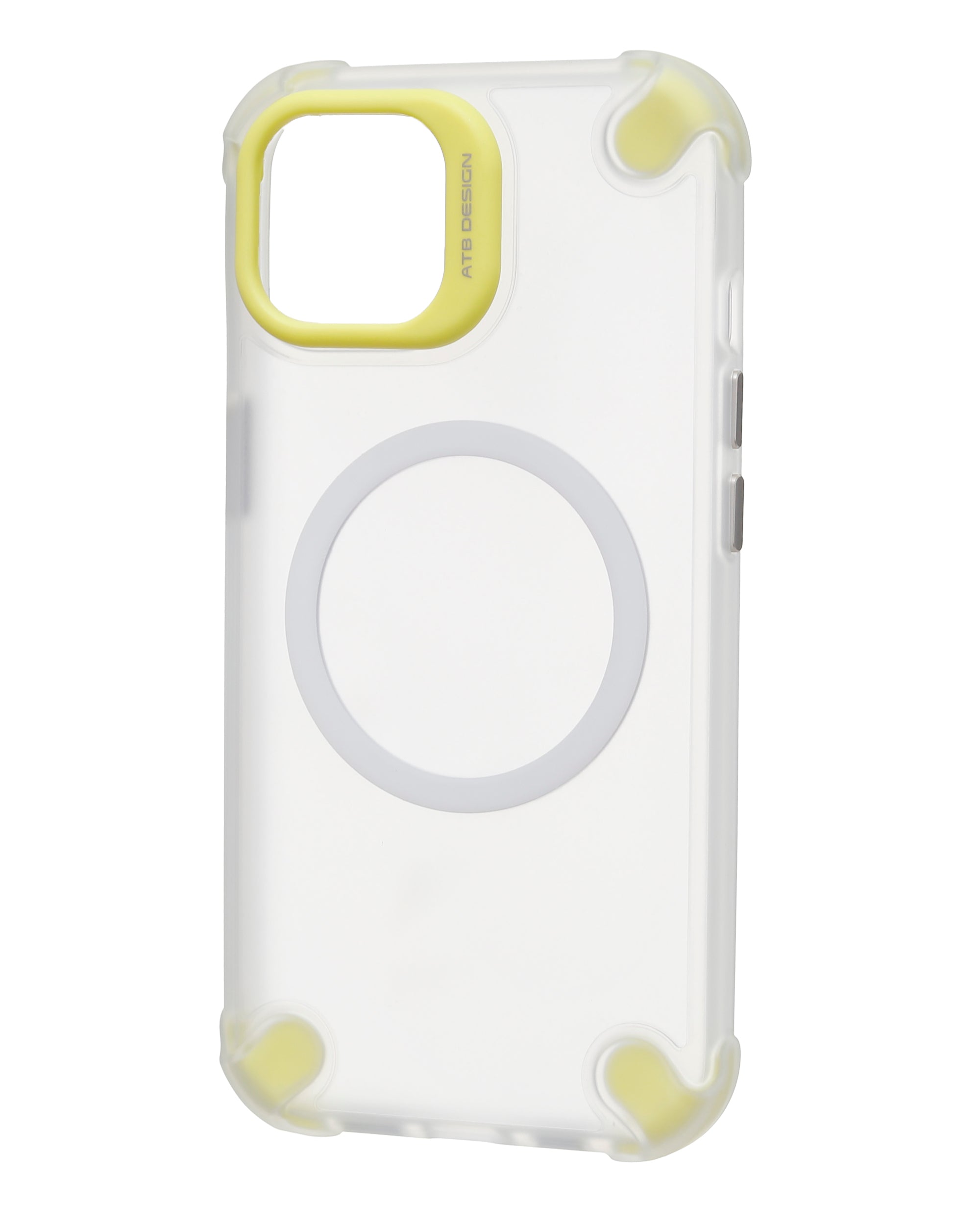 Clear phone case front view with yellow square camera frame and large circular grip