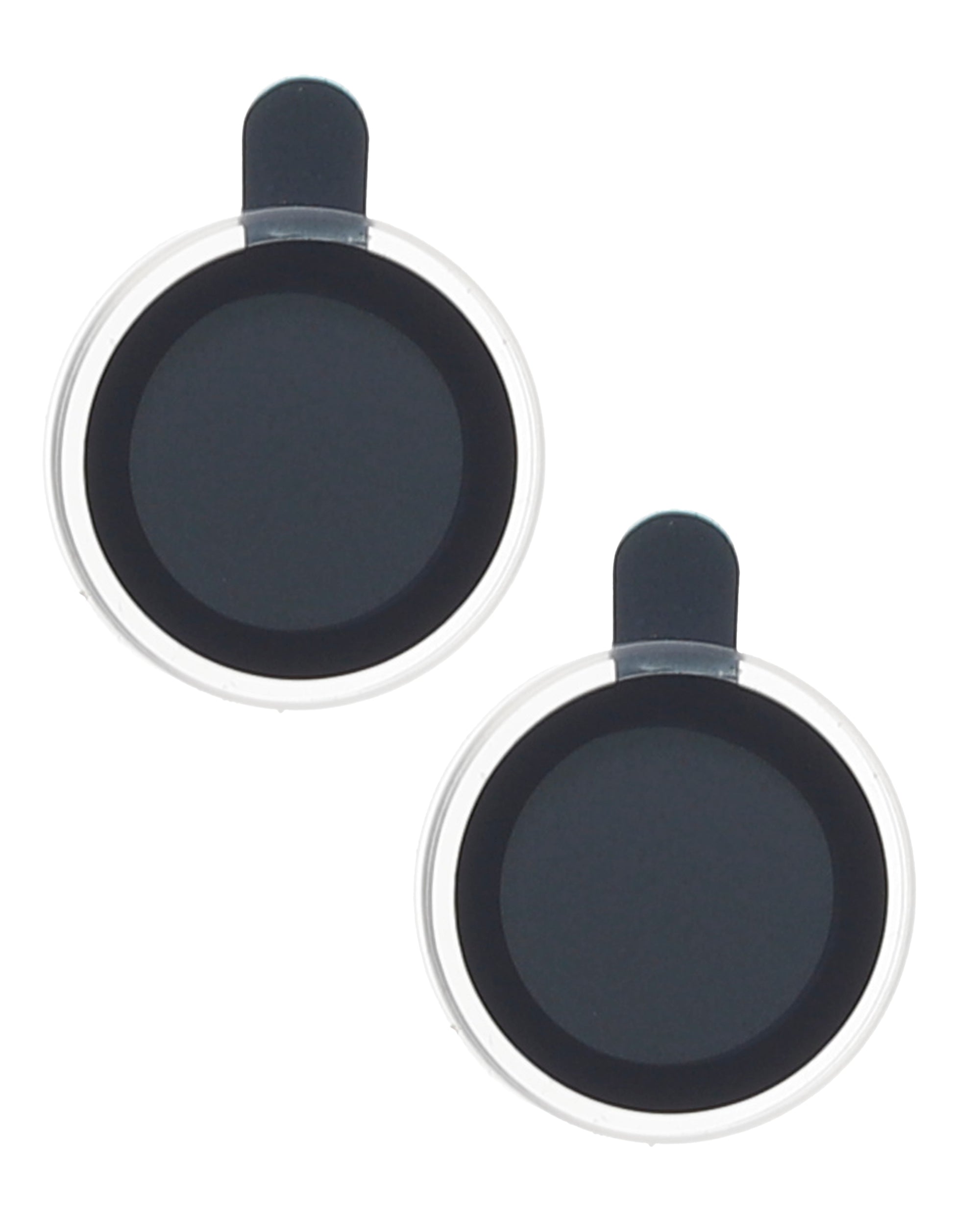 Two round black camera lens covers with adhesive backing and small raised tabs