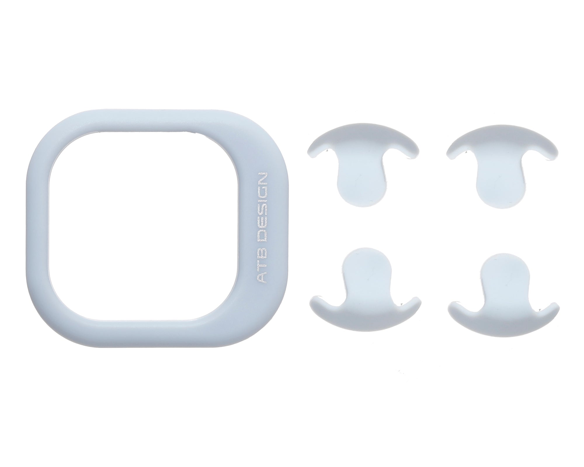 Blue-tinted phone case parts: square frame, circular grip, and small connector pieces