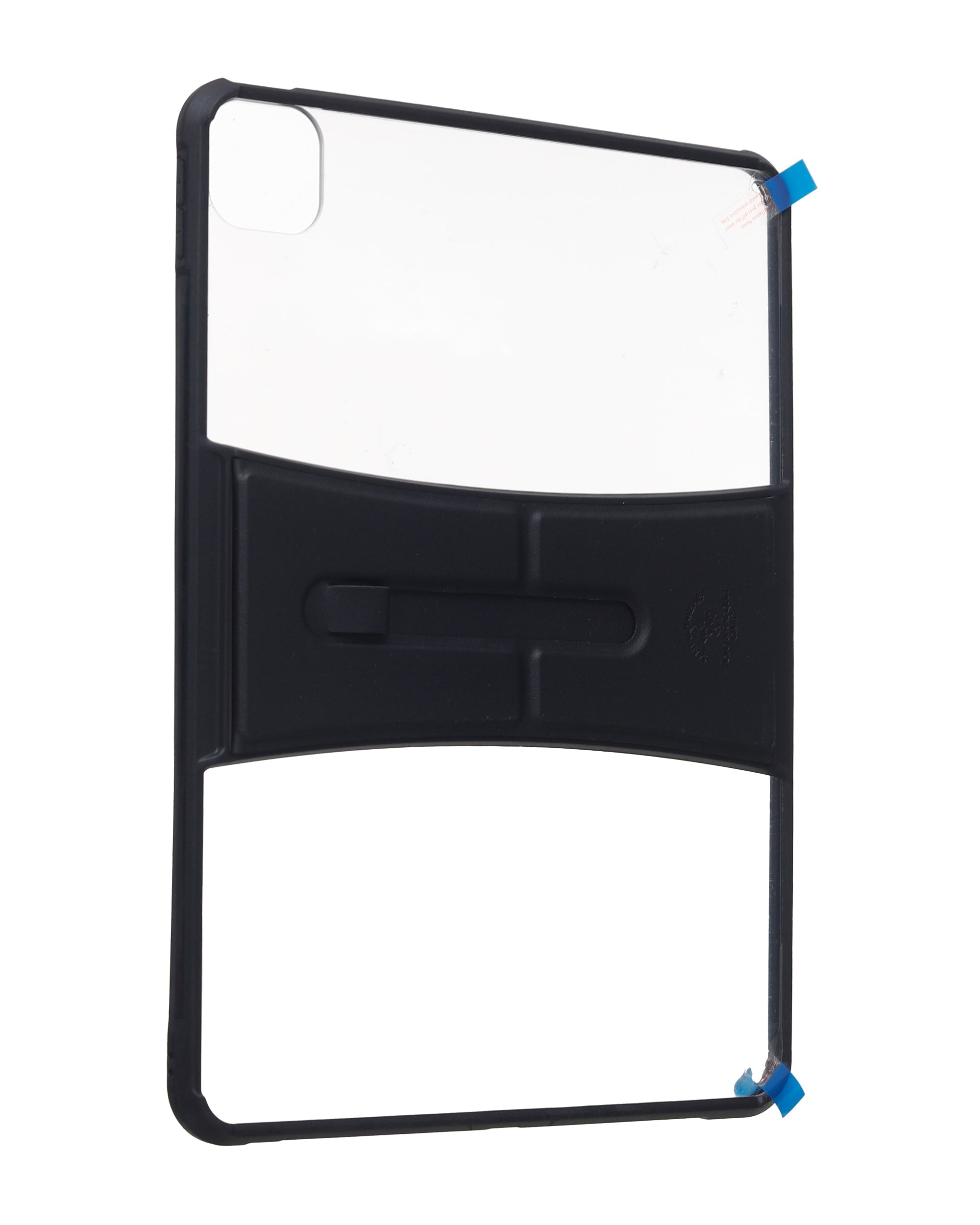 Front view of black iPad 11 case showing top camera opening and kickstand grip bar