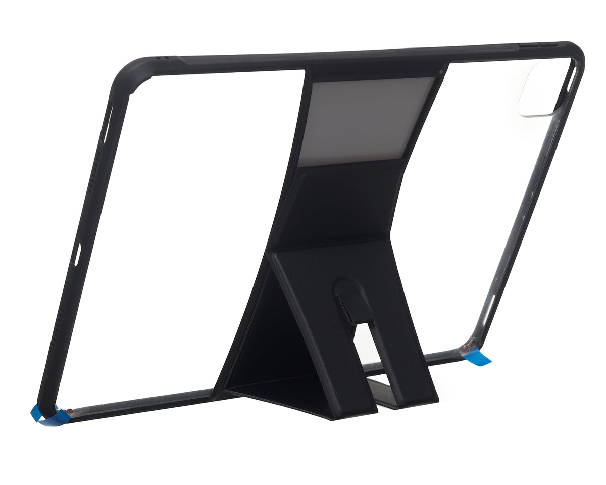 Black iPad 11 case in landscape stand position with visible stand support edge