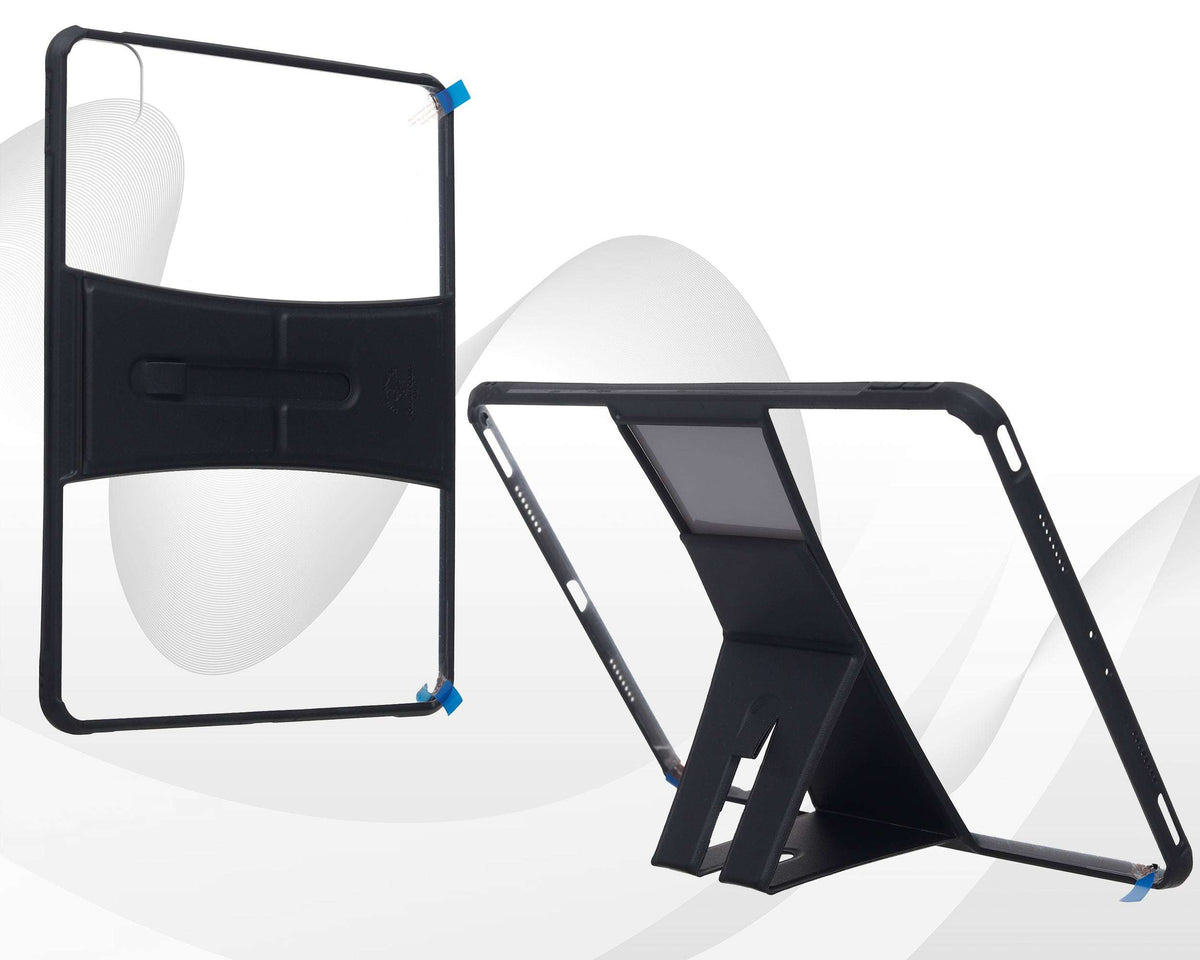 Black iPad 11 case with kickstand support and side button cutouts; multi-angle view