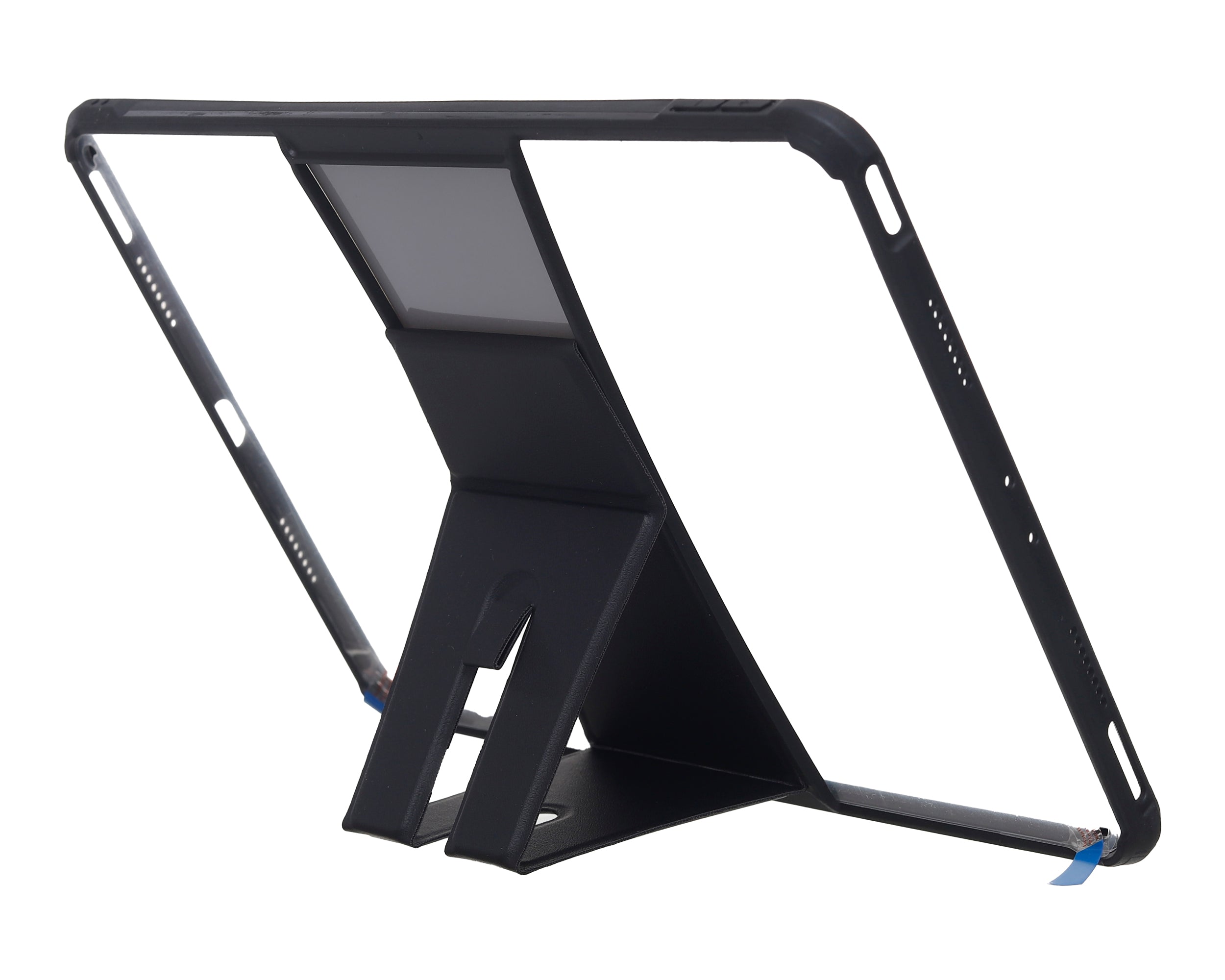 Black iPad 11 case with kickstand fully raised for viewing, side port openings visible